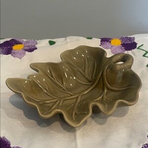 Leaf-Shaped Ceramic Dish in Olive Green